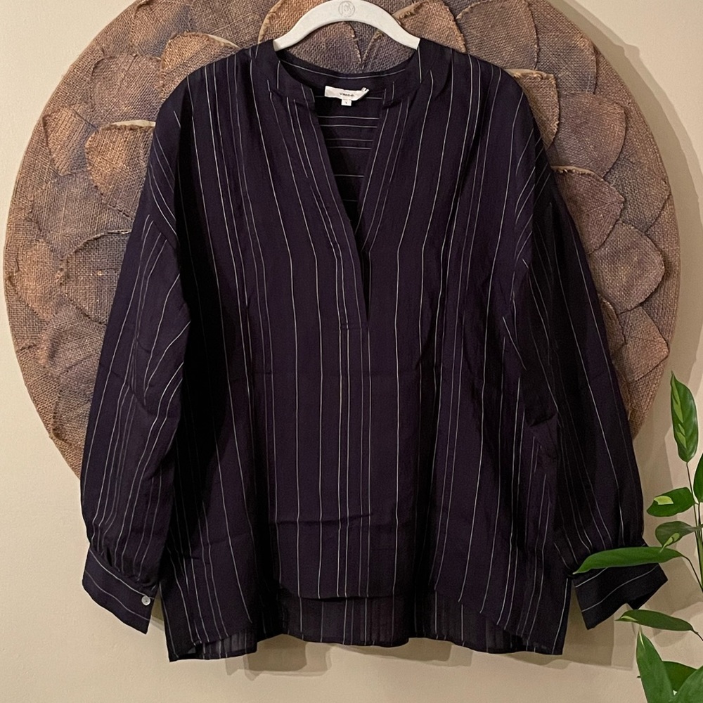 Vince Stripe Split Neck Coastal Blue Blouse